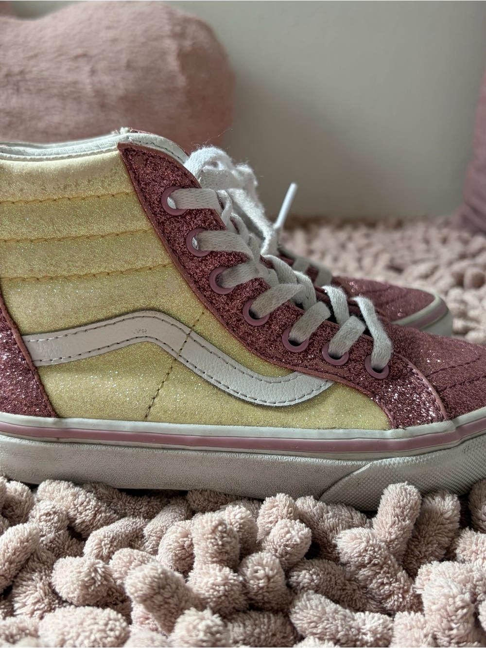 Vans Kids High-Top Glitter Sneakers in Pink and Pale Yellow
